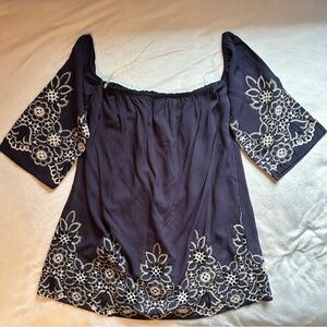 Just Me Navy Blue Off The Shoulder Top Blouse Shirt M Embroidered Lace Floral